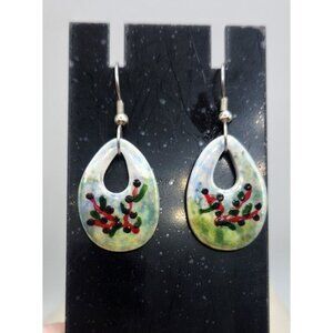 Pear Shaped Ceramic Dangle Earrings - Pale Green With Holly Brance Design